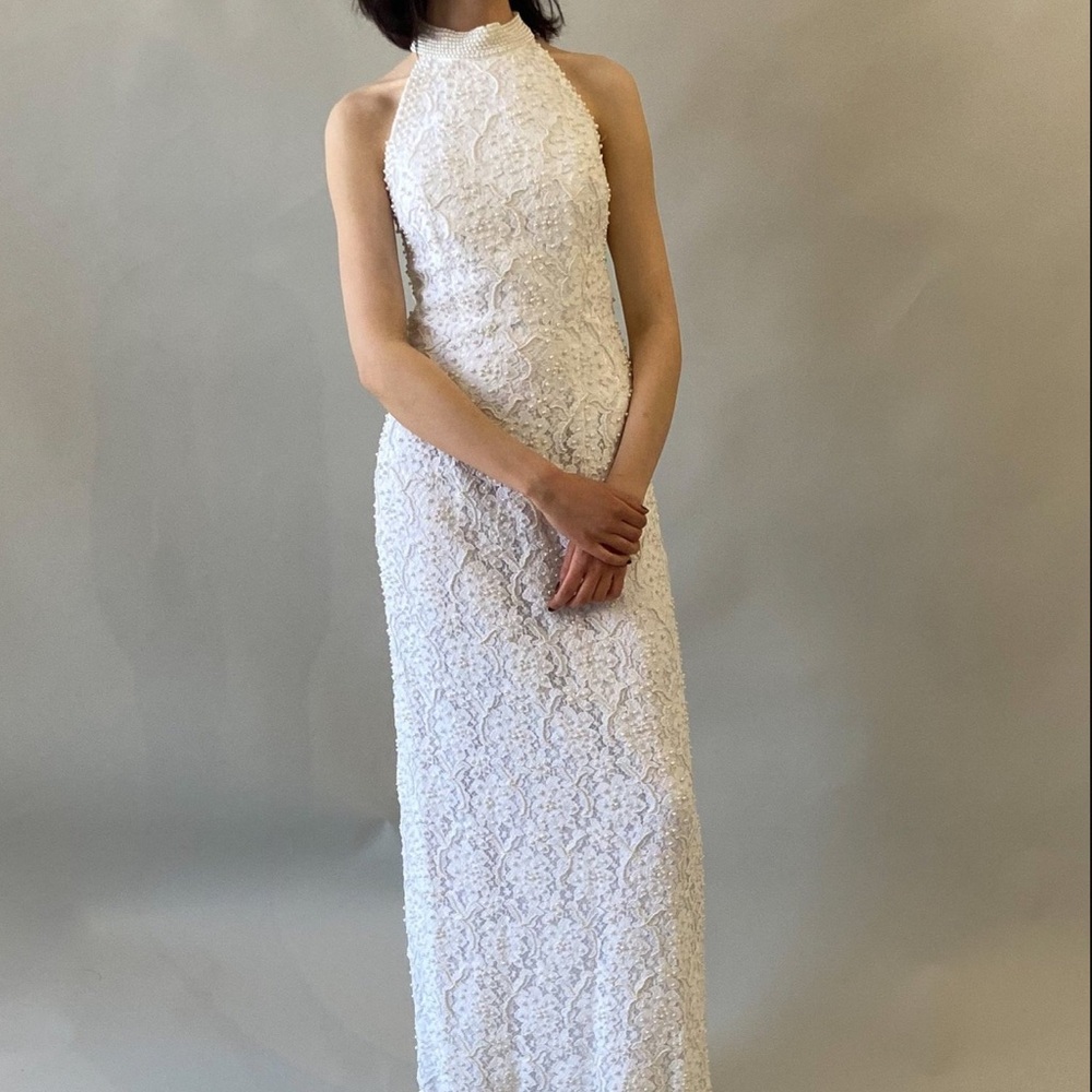 St. Tropez Vintage Ivory Cream Sheath Halter Dress with Slit Size 6 - Picture 2 of 5
